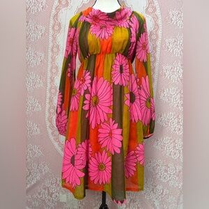 Vintage Geno California Pink Mod Floral Empire Dress | Size 6